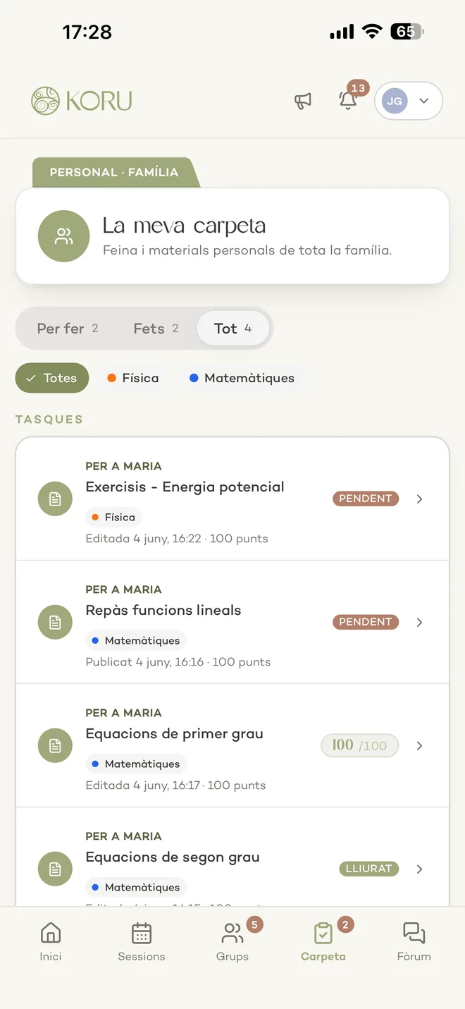 Pantalla de la carpeta de l’app Koru amb materials i tasques
