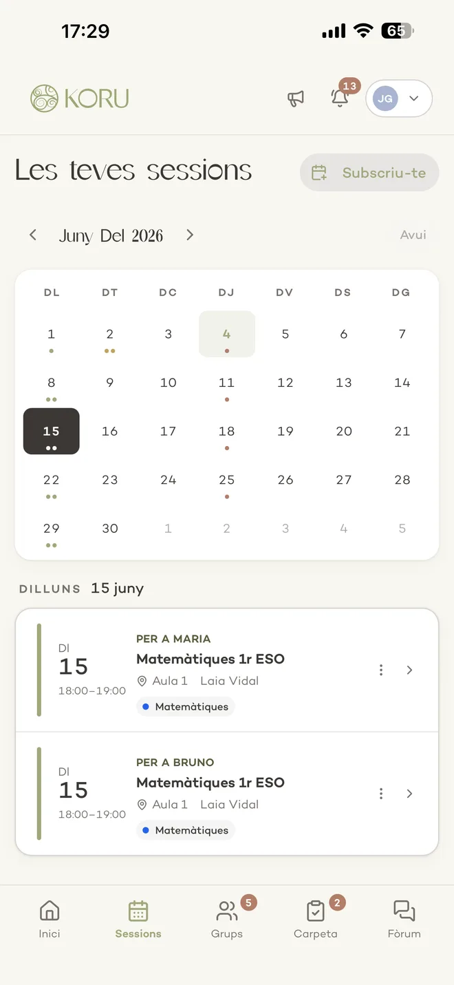 Pantalla de sessions de l’app Koru amb el calendari mensual